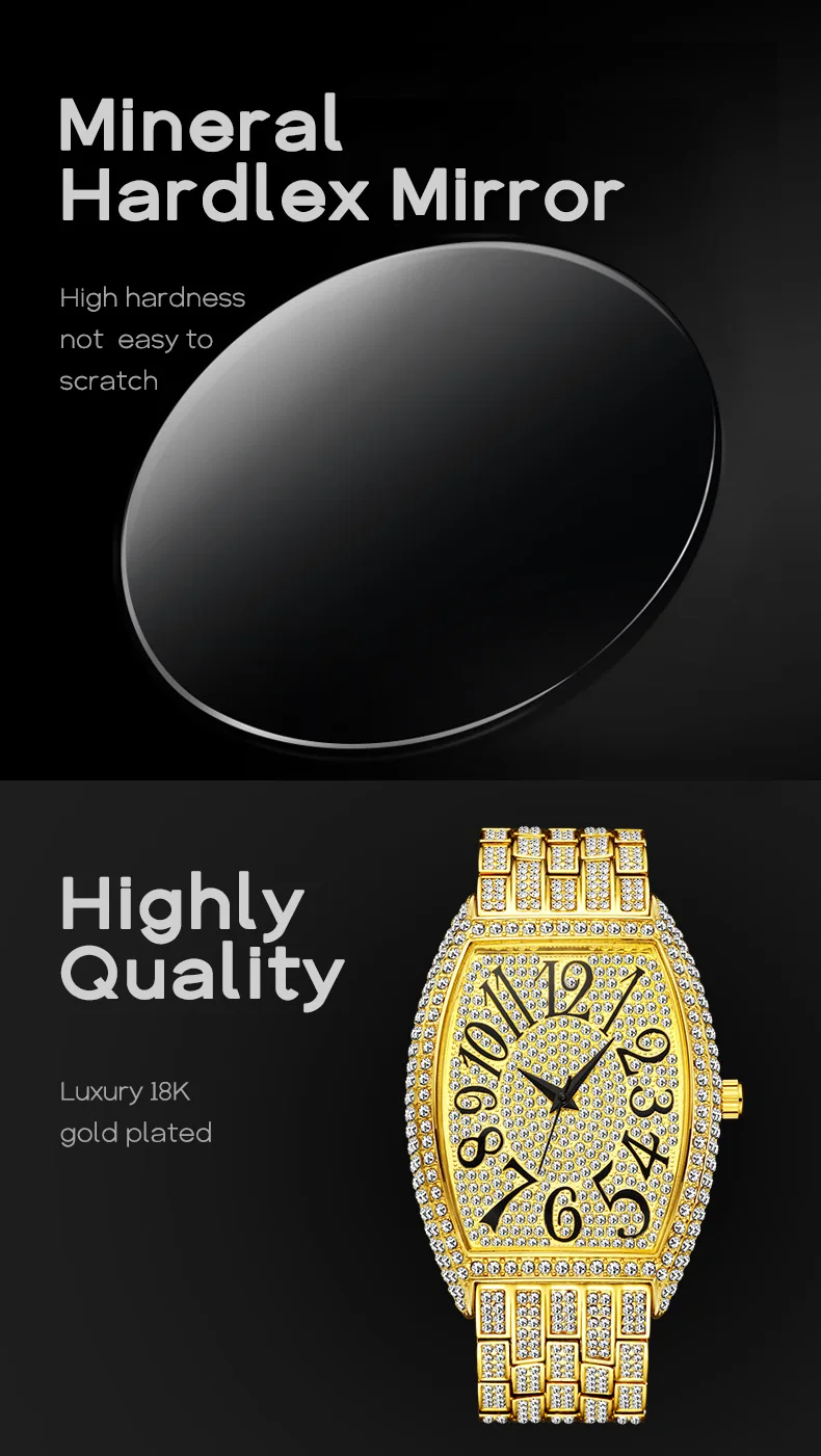 MISSFOX Ceas de aur pentru bărbați, ceasuri hip-hop bling bling tonneau cu cuarț pentru bărbați mari, impermeabil, ceas de mână Millerable_voghion.com