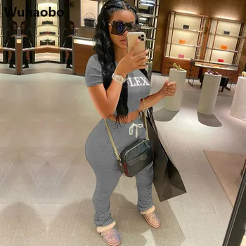 

Wuhaobo S-3XL Summer Women Sets Casual 2 Piece Set Turtleneck Short Sleeve Crop Top And Flare Pant Sets Sportswear Street Outfit