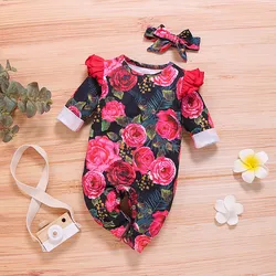 Ensemble de vêtements d'été 2 pièces pour bébés filles, barboteuse à manches longues à volants, combinaison + bandeau, body pour nourrissons 