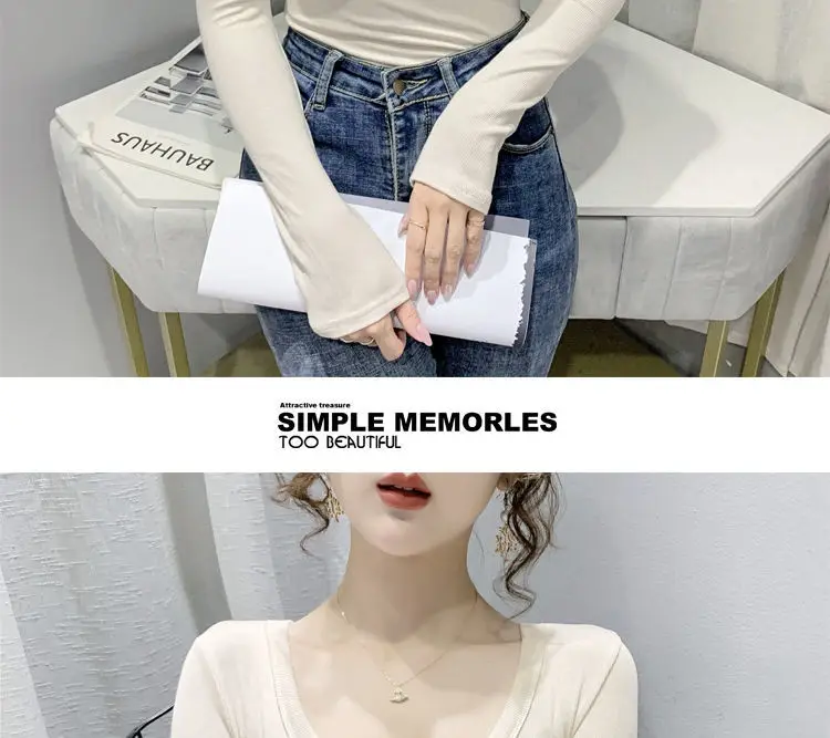 Women Long Sleeve Sexy T-Shirt 2021 Autumn Sexy U Neck Solid Rib Knit Basic Tee Tops Slim Fashion Korean Female Pullover T-shirt chrome hearts t shirt