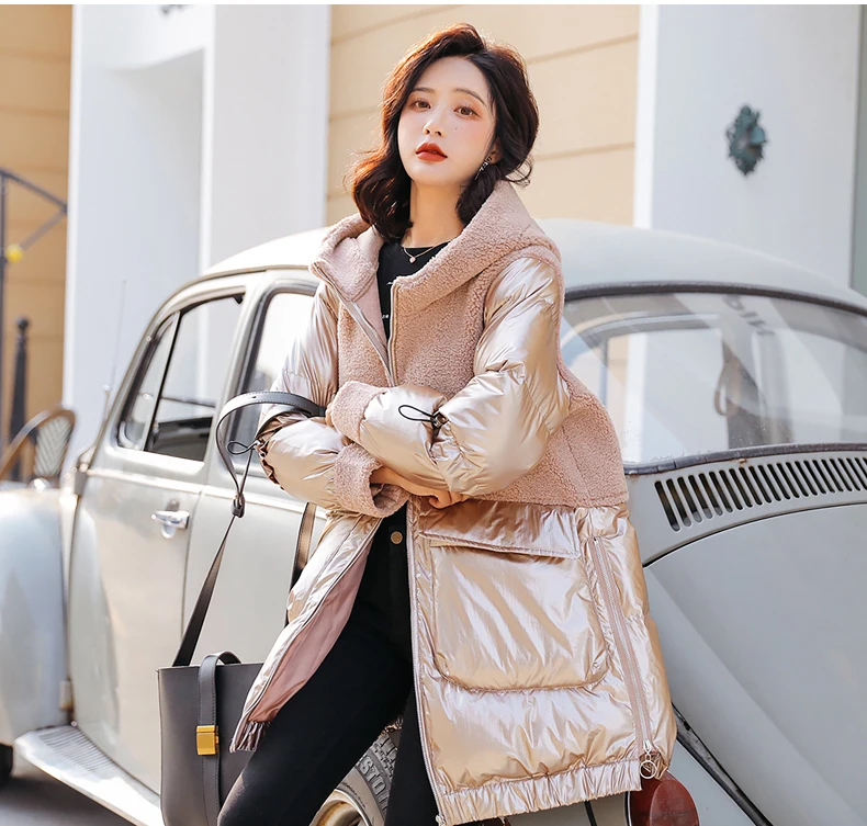 Imported Australian Wool Fur Jackets Women Bright face down cotton Outwear Female Elegant Patchwork Parkas Ladies Winter Coat