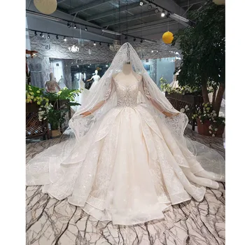 

BGW HT42824 Long Sleeve Wedding Dress With Wedding Veil O-neck Handmade Bridal Dress Wedding Gown With Train Vestido De Noiva