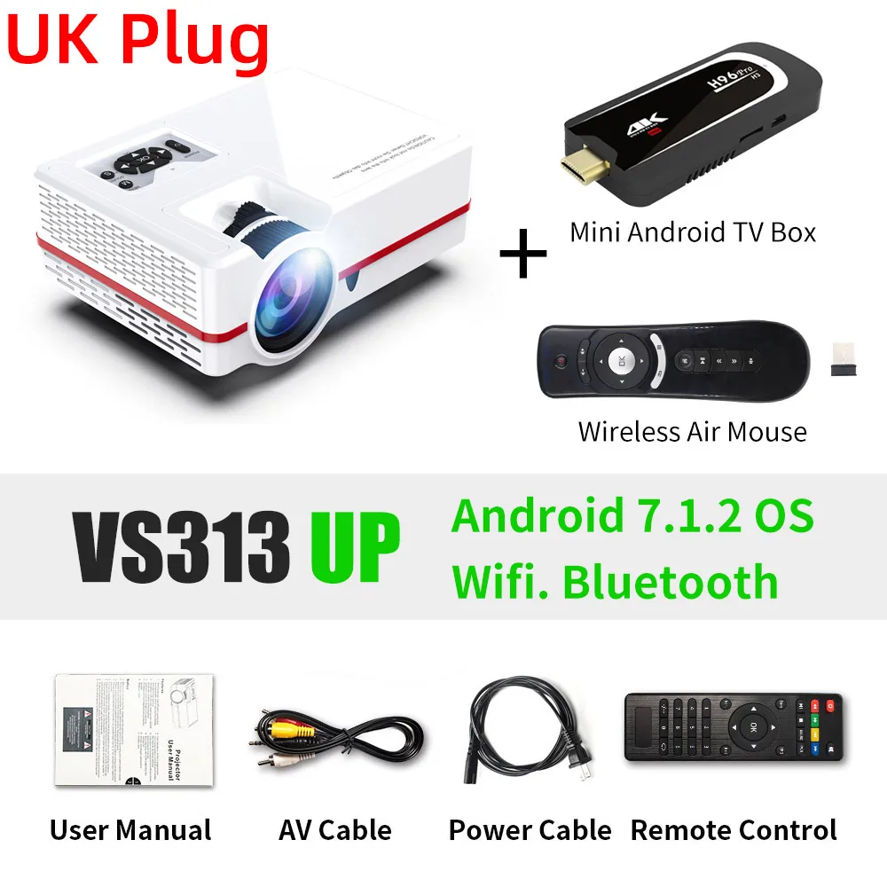 UK Plug Upgrade VISIONTEK мини-проектор VS313 UP, 720P Full HD проектор, Android wifi Proyector, светодиодный проектор для домашнего кинотеатра, опционально VS313 - Цвет: UK Plug Upgrade