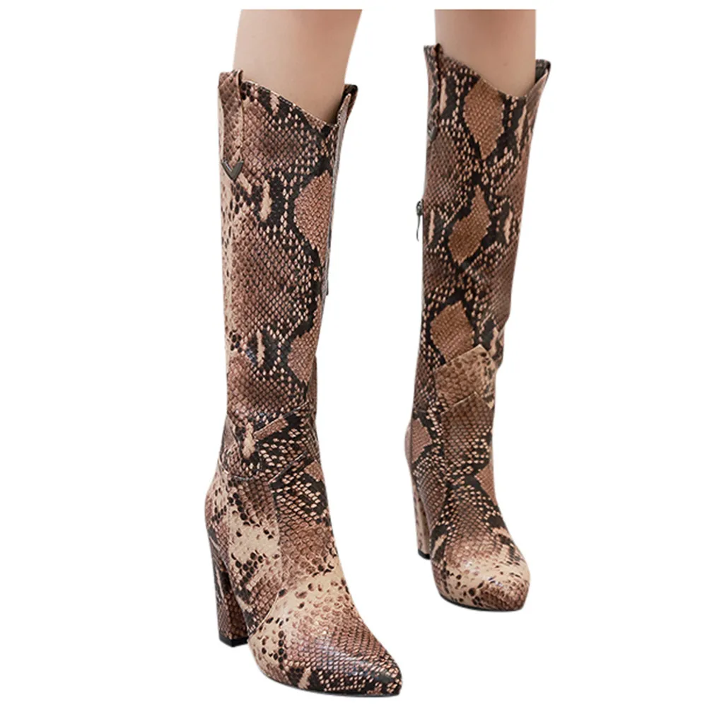 

Women's thin High Boots Pointed Toe Square Heel Casual Side Zipper Leopard leather Lady Booties European Ladies shoes fall