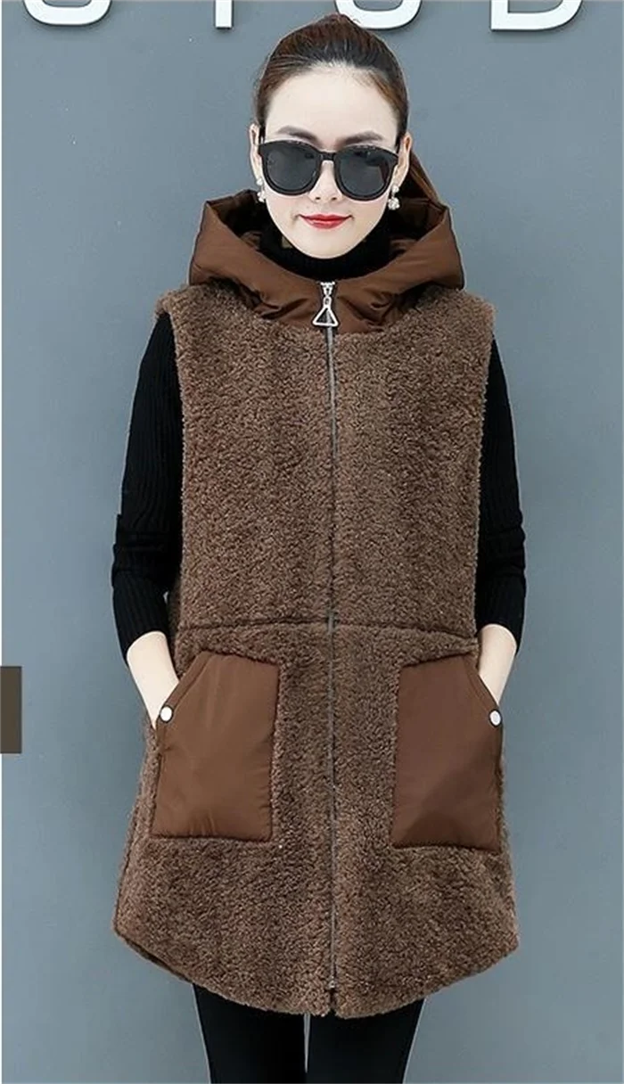 Imitate Lambswool Ladies Vest Coat New Autumn Winter Loose Hooded Outside Take Middle Length Payment Thicken Female Vest Jacket maxi puffer coat womens