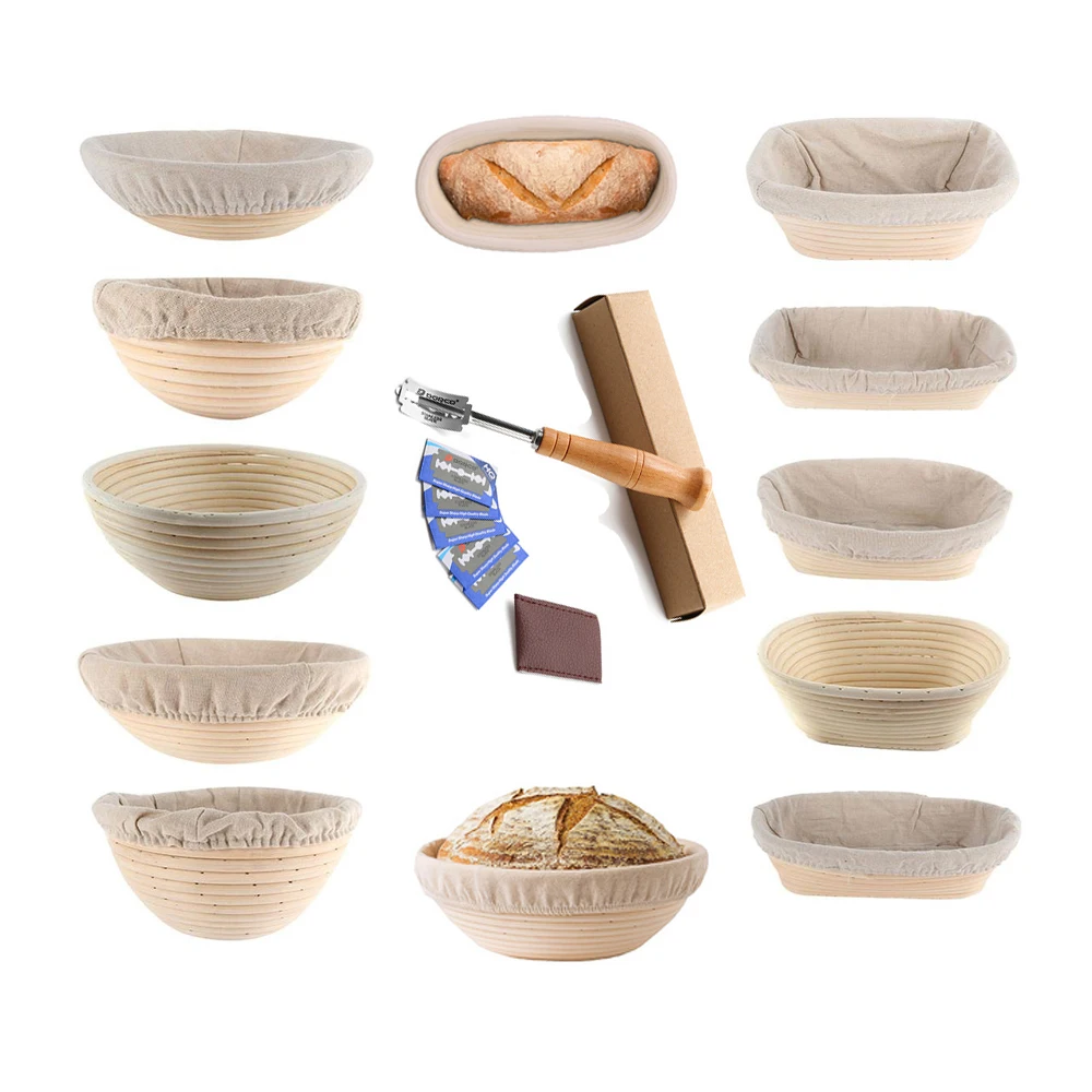 Set Handmade Bread Basket Bread Cutter Rattan Bread Banneton Set Bread Proofing Baskets Round/Oval Sourdough Basket Bakery Cafe