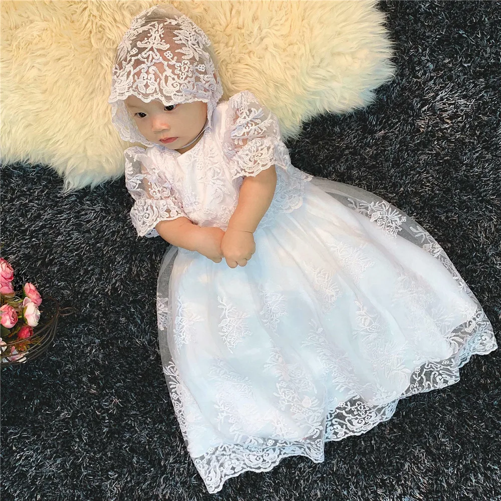 New Cute Long Christening Gown for Baby Girls Lace Short Sleeve Customized Baptism Dress White Ivory