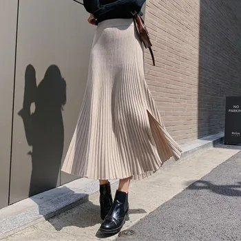 

Knitted Sweater Pleated Skirt Women Korean Elegant Office Boho Split Ribbed Skirts High Waist 4 Colors Minimalist Preppy Style