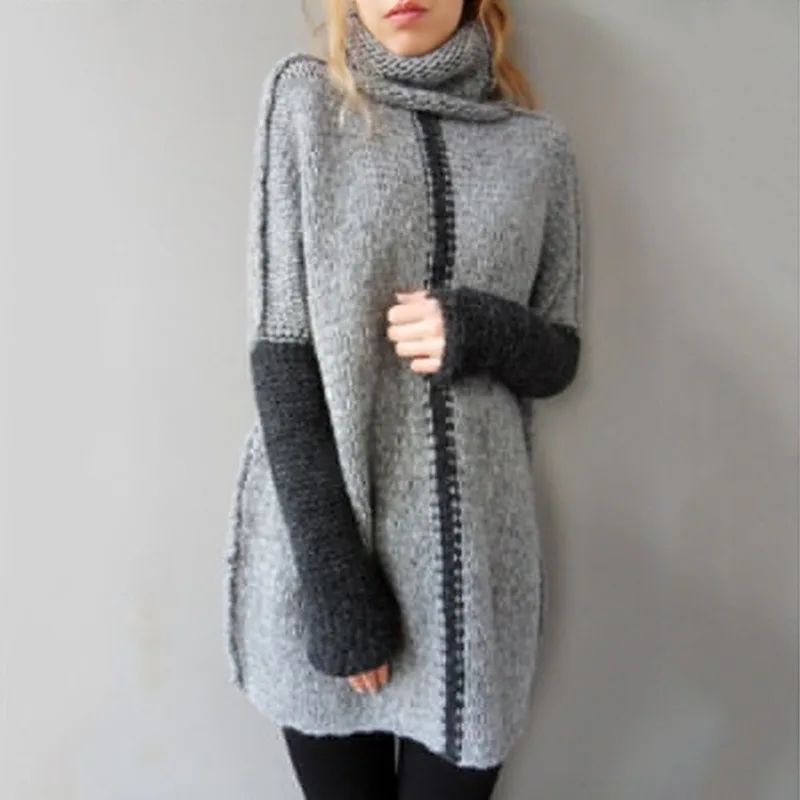 Women's long sweater women hit color high collar sweater loose women sweater large size sweater