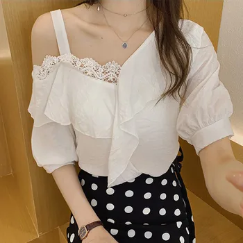 

Fashion Women Slim Shoulder V-neck Blouse Solid Short Sleeve Autumn And Spring Floral Ruffles Tops Одежда Для Женщин#