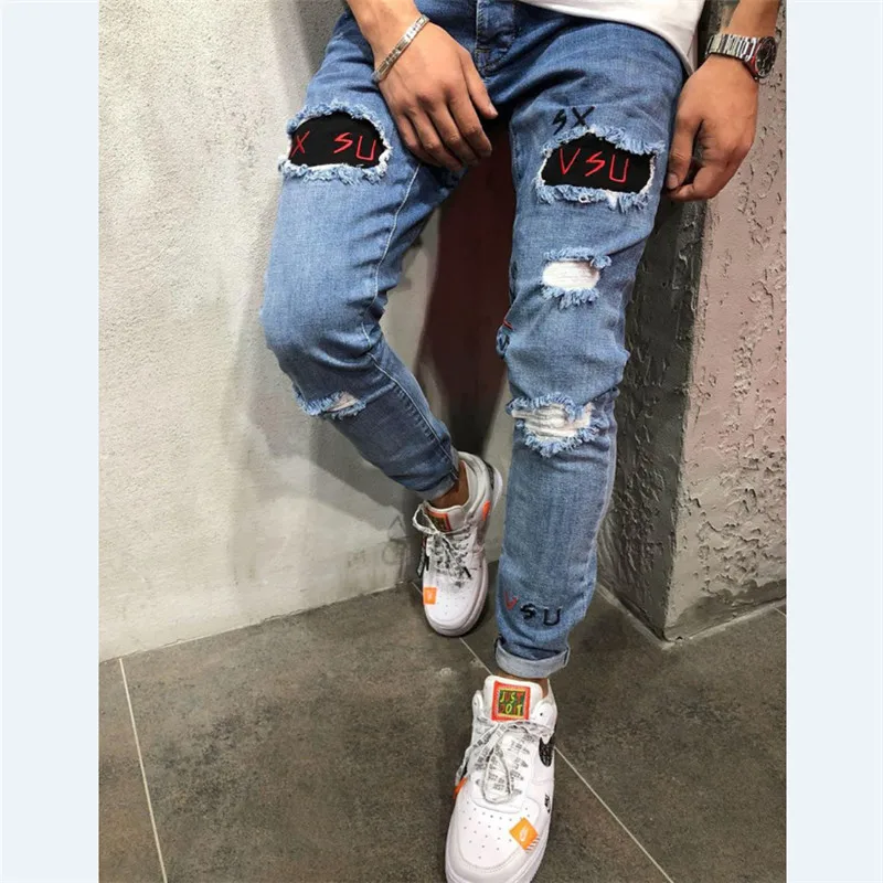2020 Spring Men Fashion Elastic Skinny Hole Ripped Jeans Pants Bodycon Stretch Denim Long Trousers Pencil Pants Men Clothes 2020 Spring Men Fashion Elastic Skinny Hole Ripped Jeans Pants Bodycon Stretch Denim Long Trousers Pencil Pants Men Clothes
