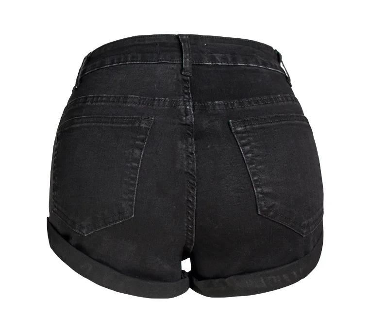 Womens Summer Black Elastic Denim Shorts Trendy Curling Single Breasted High Waist Jeans Female Wild Fasion Mini Shorts D495