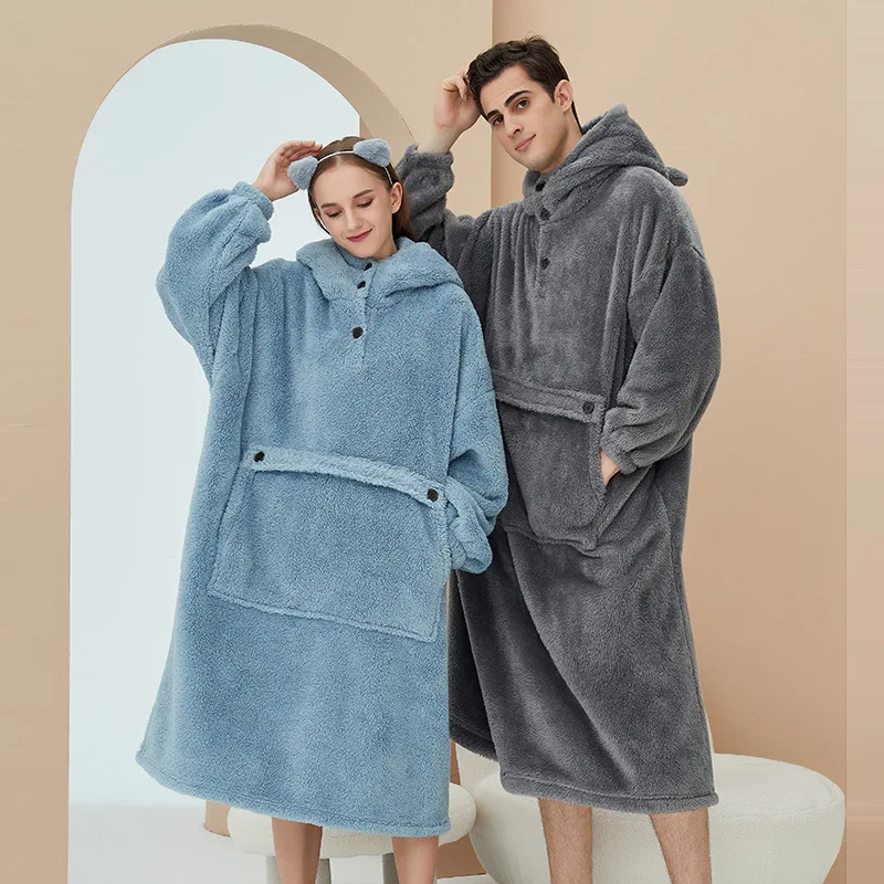 

Pajamas Women Autumn And Winter Flannel Nightgown Thicken Warm Pyjamas Pullover Couple's Homewear Towel Robe Sleep Wear