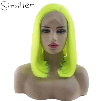 

Similler Green Fluorescent Pink Bob Synthetic Lace Front Wigs Short Hair Straight For Women Black Classic Middle Part