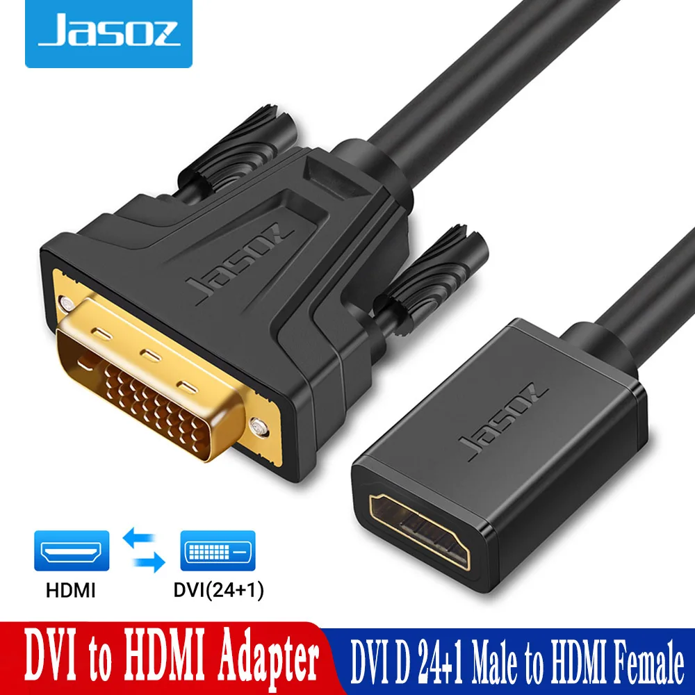 Jasoz DVI to HDMI Adapter Bi-directional DVI D 24+1 Male to HDMI Female Cable Connector for Projector