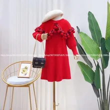 Корейское зимнее новое трикотажное платье для девочек рождественское платье-свитер кукольный воротник