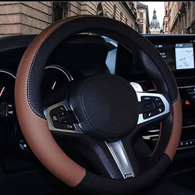 Спортивный кожаный чехол рулевого колеса автомобиля для Jaguar Lexus Cadillac Шевроле Лада Opel Skoda Volvo MiNi автомобильные аксессуары для 38 см - Название цвета: Black and coffee
