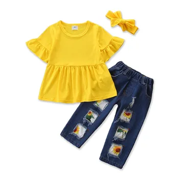 

2-6T Kids Clothes Set Toddler Girls Outfit Summer Yellow T shirt Top+Hollow Jeans Children Clothing Set 2pcs
