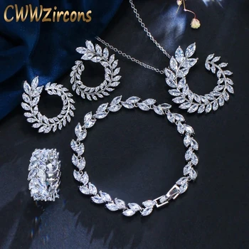 

CWWZircons 4 Pcs Leaf Shape New Fashion CZ Necklace Earring Bracelet and Ring Sets Famous Brand Jewelry Womens Accessories T011