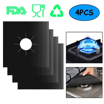 

4Pcs Black Silver Gas Stove Protectors Reusable Gas Stove Burner Cover Liner Mat Fire Injuries Protection Kitchen Accessories