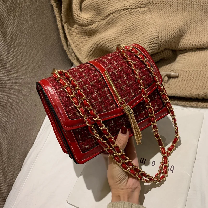 

New Arrival Woolen Cloth Bag Women's 2019 Autumn And Winter New Style WOMEN'S Bag Chain Messenger Bag Cool Fashion Small Square