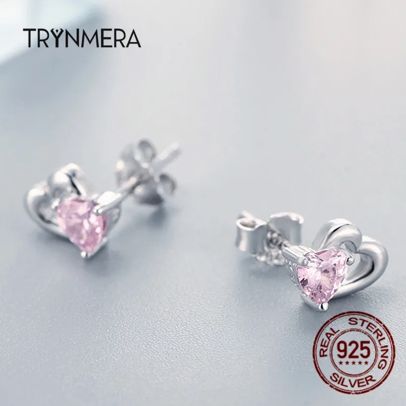 Женские сережки гвоздики Trynmera серьги из 925 пробы серебра с двойным сердцем и