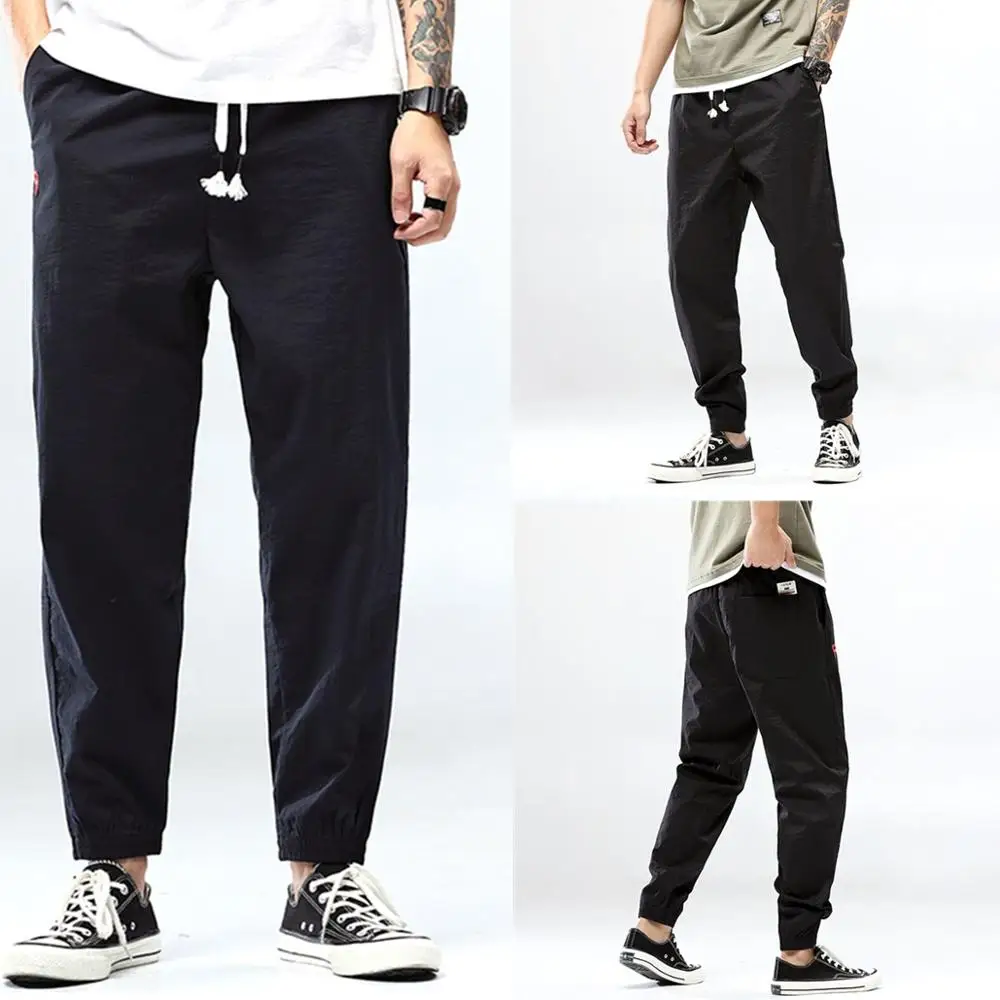 Мужские хлопковые льняные бегунов черные Брендовые мужские брюки Harajuku для
