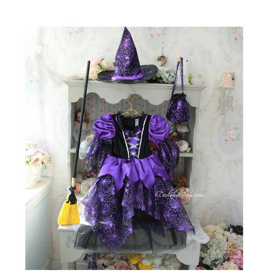 Детская одежда для девочек Косплэй эльф ведьмы карнавальный костюм Хэллоуина для детей макияж шоу на сцене вечерние Фиолетовый паук