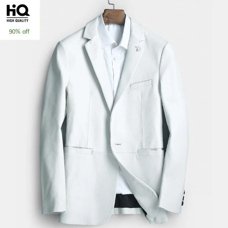 

Luxury Mens Formal Natural Sheepskin Blazer Jacket White Slim Fit Wedding Dress Suit Genuine Leather Jacket Business Man Coats
