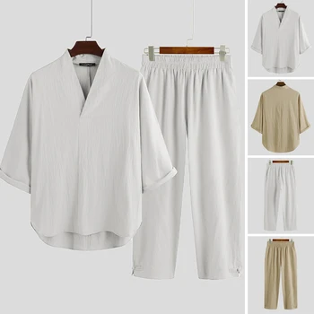 

Men Chinese Vintage Solid Color Cotton Sets Streetwear Half Sleeve V Neck Tops Casual Pants Summer Breathable Suits 2 Pieces 5XL