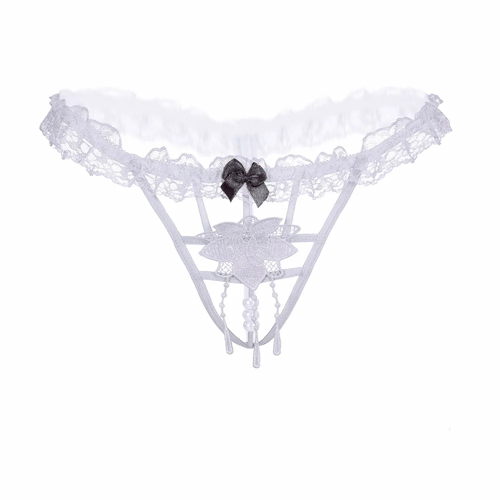 white Erotic Hollow Embroidered Panties Low Waist Seamless Lace G-String Pearl Transparent Thongs T-pants - Цвет: white
