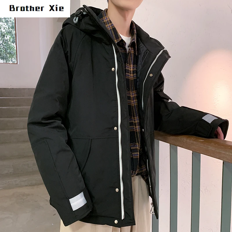 

Winter Coat Men's Warm Fashion Solid Color Casual Thickening Hooded Jacket Male Clothes Street Wild Loose Cotton Parka Men