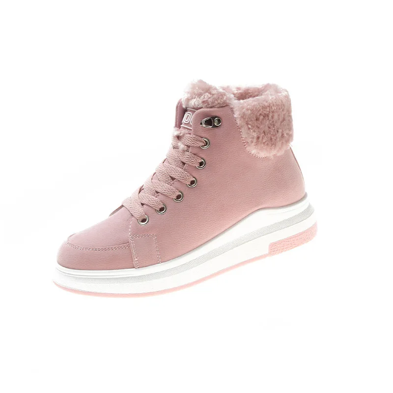 Зимняя женская обувь; теплая плюшевая женская повседневная обувь на меху; модные кроссовки на шнуровке; зимние ботинки на платформе; большие размеры; W324 - Цвет: Розовый