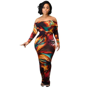 

Women Slash Neck Sexy Wrap Print Dress Long Sleeve Ruffle Sleeve Skinny Maxi Dress Fall Winter Femme High Waist Elegant Dress