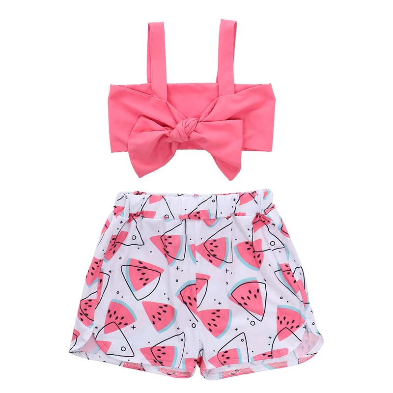 Toddler Baby Girls Clothes Sets Off Shoulder Bowknot Tube Crop Top Watermelon Printed Short Pants Summer 2PCS Outfits | Детская одежда