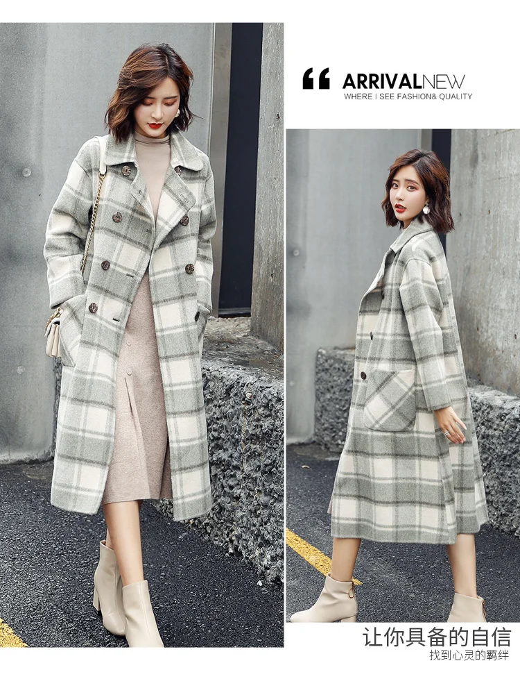 Южная Корея, осень и зима, стиль, корейский стиль, свободное приталенное клетчатое кашемировое пальто, женская шерстяная куртка средней длины