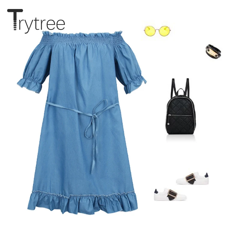 Trytree, весеннее женское платье, повседневное, с вырезом лодочкой, с пышными рукавами, половина рукава, одноцветное, синее, свободный пояс, с оборками, модное мини платье
