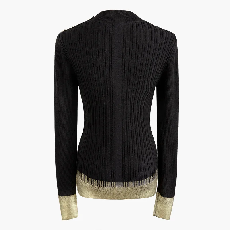 HarleyFashion элегантные женские облегающие дизайнерские черные вязаные пуловеры с пуговицами, свитер с золотыми вставками, шикарные Повседневные свитера