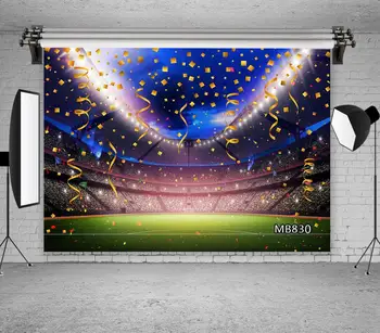 

Golden Confetti Ribbon Football Field Photography Backdrops Celebration Sports Party Decor Stadium Photo Background Photo Studio