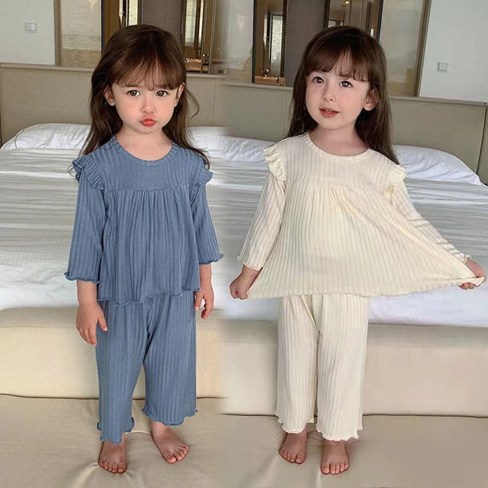 

Baby Girls Pajamas Set Sweet Spring Autumn Soft Loose Ruffled Ribbed Pullover Two Piece Set Home Wear Infant Toddler Clothing
