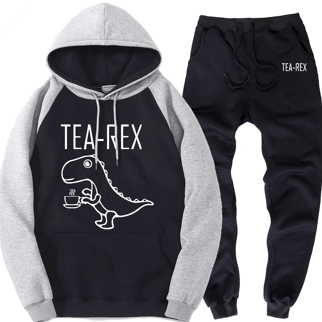Забавный динозавр напиток кофе мужской спортивный костюм TEA-REX мужчин толстовки+ Тренировочные Брюки осень флис реглан пуловер мужские s спортивные брюки - Цвет: gray black 5