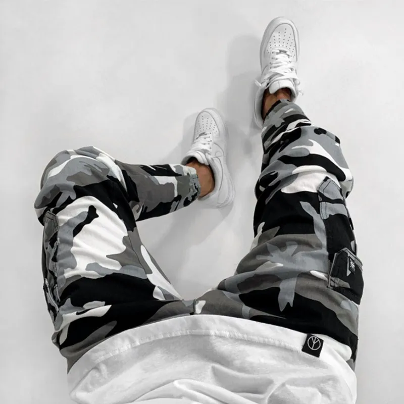 Mens Skinny Stretch white Denim Pants Camouflage Pleated Ripped Slim Fit Jeans Trousers Hot cargo pants jeans men Clothing