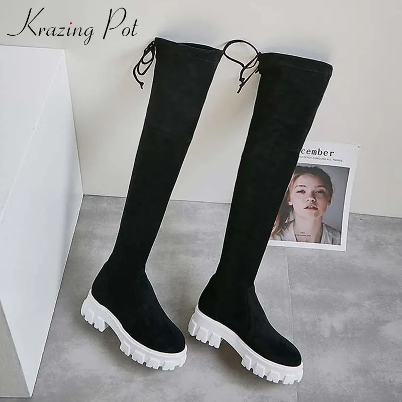 

krazing pot Korean popular fashion cow leather stretch flock boots round toe high heels thick bottom women thigh high boots L20