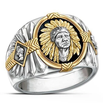 

Hip Hop Style Indian Chief Two-tone Color Ring Men Western Cowboy Style Vintage Pirate Eagle Male Finger Ring C3P535