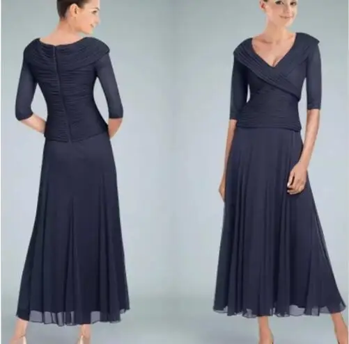 Элегантный vestido novia, шифоновое простое свадебное вечернее платье для гостей, вечерние платья с v-образным вырезом, темно-синие шифоновые платья для матери невесты
