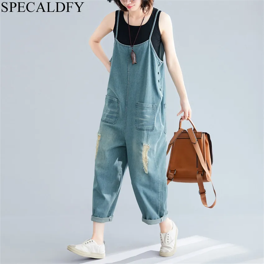 

Denim Jumpsuit Women Summer 2021 Overalls Ripped Holda Casual Loose Jumpsuits Sleeveless Pockets Jeans Rompers
