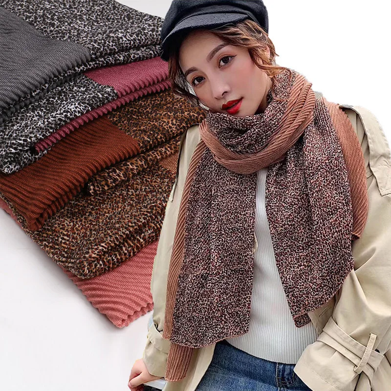 

180*90cm Fashion Patchwork muslim scarf Crimp crinkle hijab leopard long shawl head wraps hood pashmina stole WJ402
