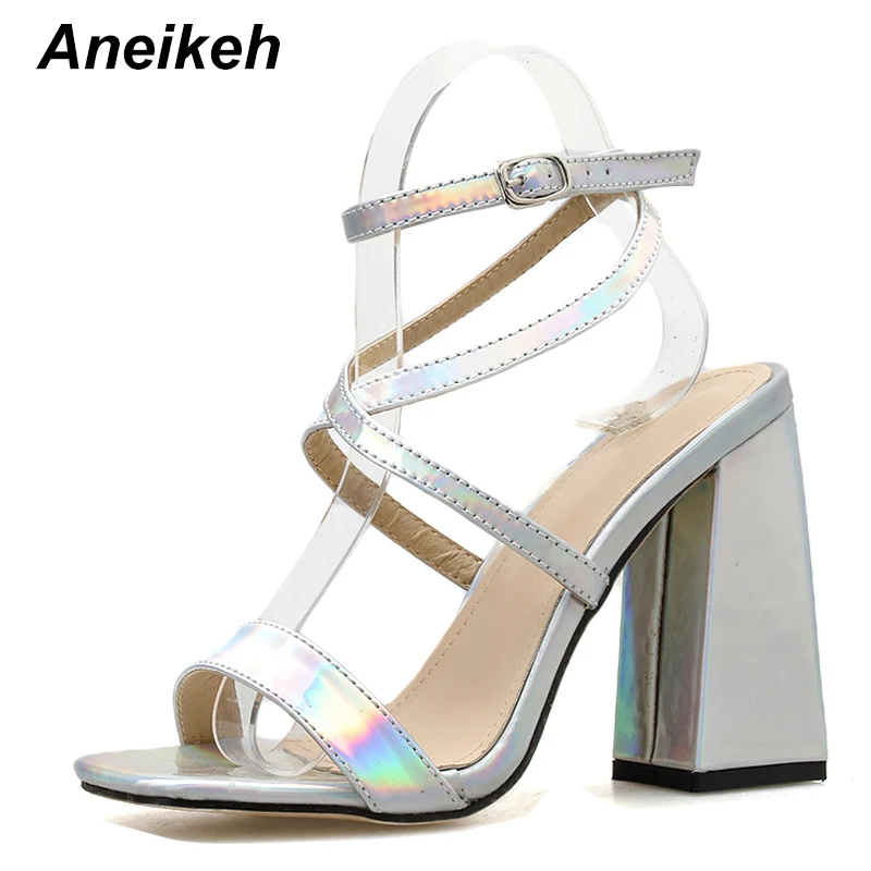 silver Aneikeh Summer Silvery Sequins Fashion Shoes Woman Sandals Peep Toe Party Square High Heels Sandals Buckle Pumps Ladies Shoes - Цвет: silver