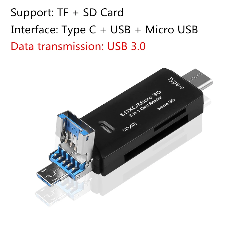 KEBIDU Высокоскоростной USB 3,0 type C на SD Micro SD переходник для sd-карт для ноутбуков Аксессуары OTG кардридер смарт-карта памяти SD ридер - Цвет: black