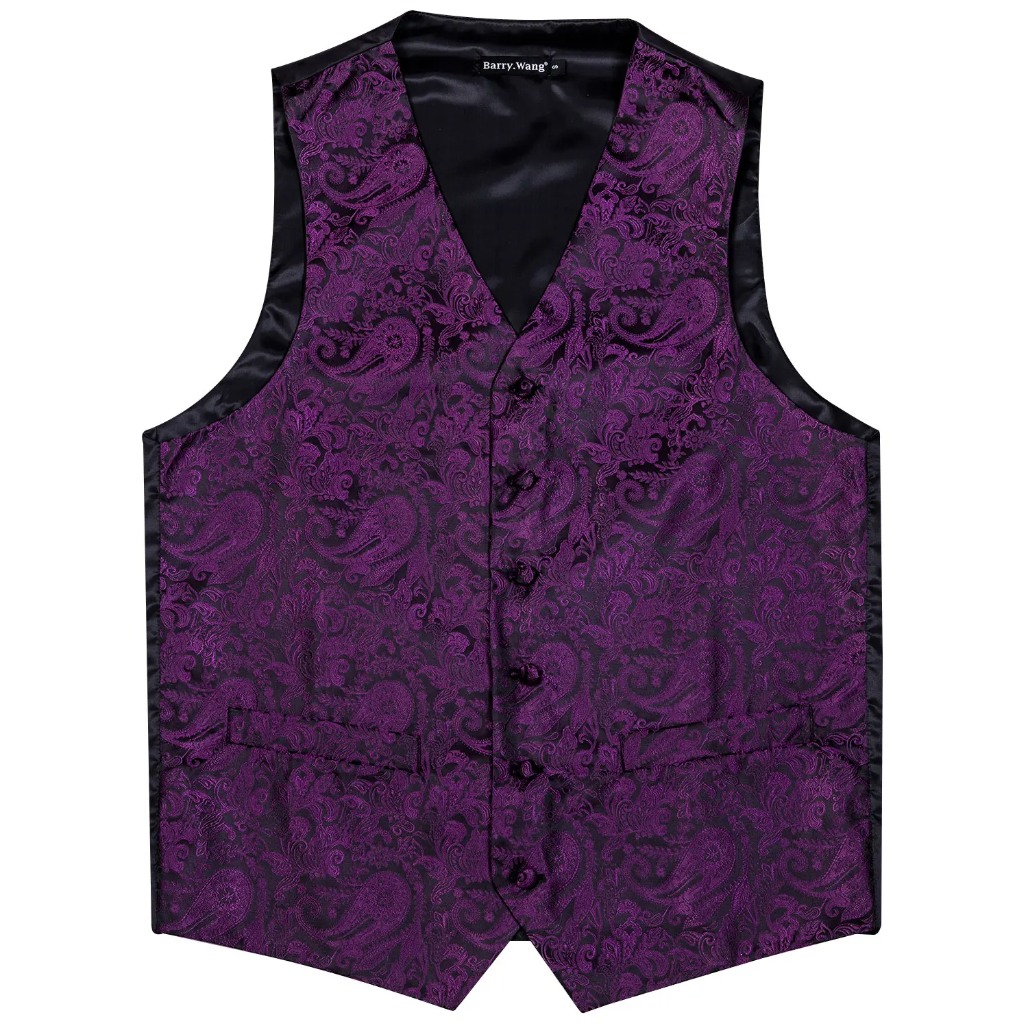 Mens Silk Vest Party Wedding Purple Paisley Solid Floral Waistcoat Vest Pocket Square Tie 4PC Slim Suit Set Barry.Wang BM-mens suit dress vests